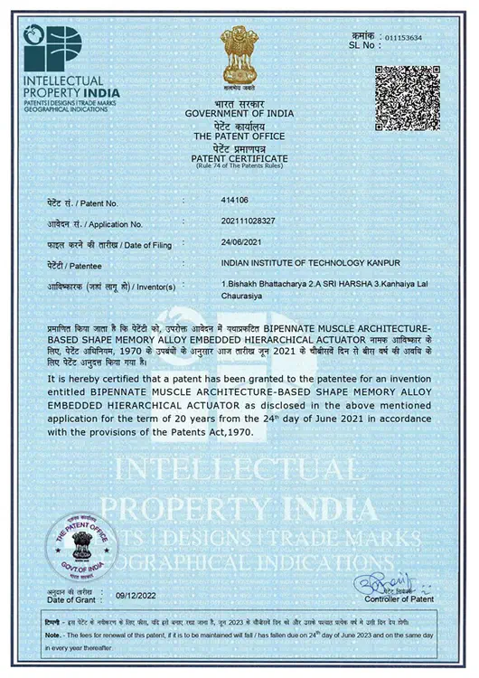 **Indian Patent No. 414106** (granted Dec 2022) – Bipennate Muscle Architecture-based Shape Memory Alloy Embedded Hierarchical Actuator