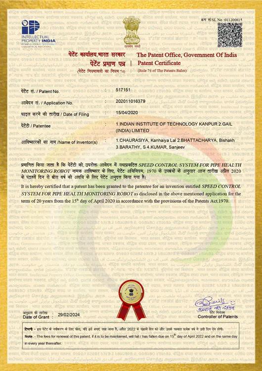 **Indian Patent No. 517151** (granted Feb 2024) – Speed Control System for Pipe Health Monitoring Robot
