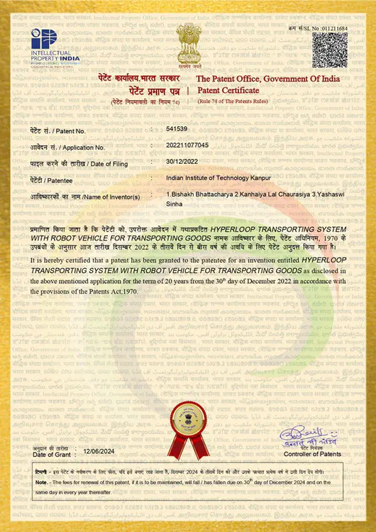 **Indian Patent No. 541539** (granted Jun 2024) – Hyperloop Transporting System with Robot Vehicle for Transporting Goods