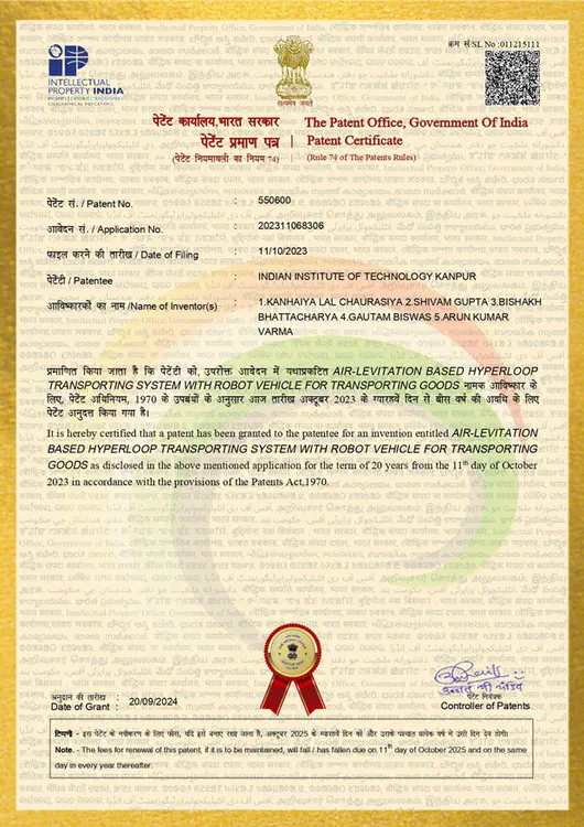 **Indian Patent No. 550600** (granted Sep 2024) – Air-Levitation based Hyperloop Transporting System with Robot Vehicle for Transporting Goods