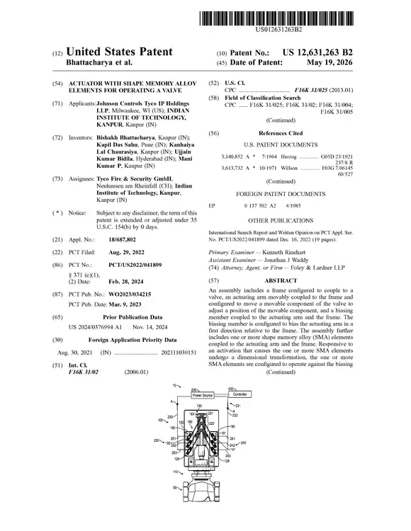 **US Patent No. 12,631,263 B2** (granted May 2026) – Actuator with Shape Memory Alloy Elements for Operating a Valve
