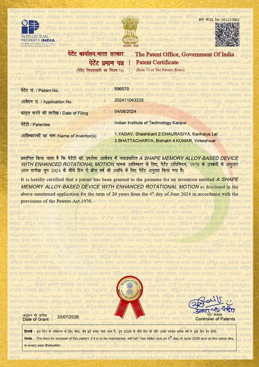 **Indian Patent No. 596570** (granted Jul 2026) – A Shape Memory Alloy-Based Device with Enhanced Rotational Motion
