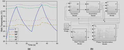 Simulation output of the temperature distribution as well as the stress-induced transition temperature of the SMA-based bipennate actuator. A Simulink block diagram of the mathematical model for a bipennate-based SMA linear actuator.